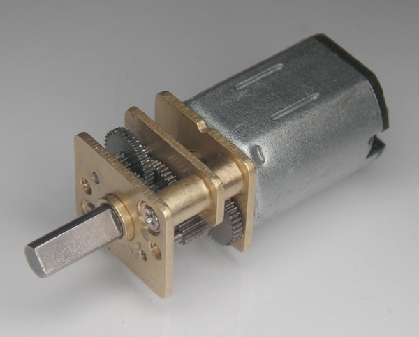 A 12mm 1:298 spur gear motor viewed from the front