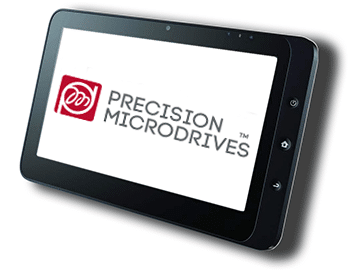 A touch screen tablet displaying the Precision Microdrives logo