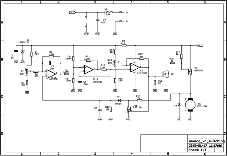 A circuit diagram of a motor speed controller based on back EMF measurement and PWM output
