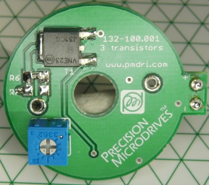 Front view of the PMD three transistor motor speed controller