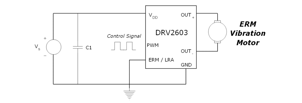 A circuit diagram using the DRV2603 vibration motor driver with an ERM vibration motor