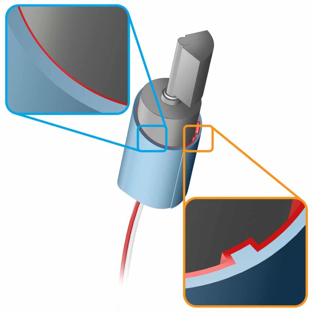 A CAD rendering of a vibration motor in an enclosure that keeps it tight so it doesn't rattle