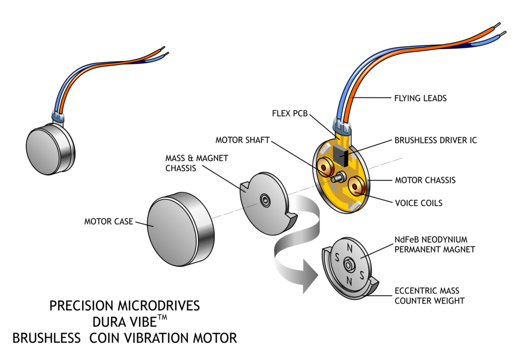 An exploded diagram showing the internal construction of a brushless coin vibration motor