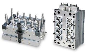 On the left a side view and on the right a front view of typical injection moulds good for 500k mould shots