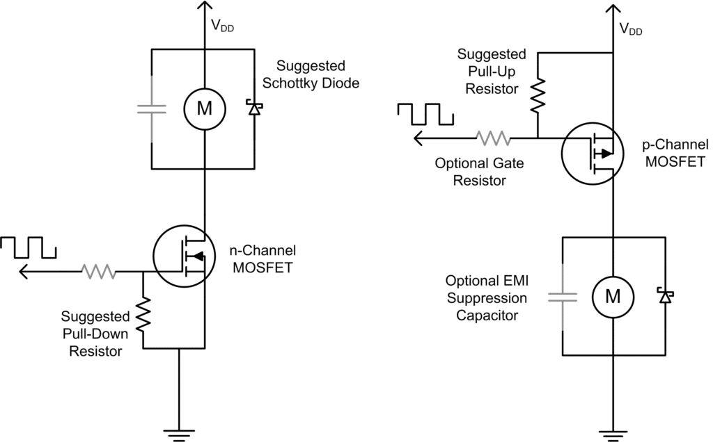 Two circuit configurations for a discrete MOSFET drive circuit for vibration motors. On the left, a low-side with an N-channel MOSFET, whilst on the right is a high-side with a P-channel MOSFET. 