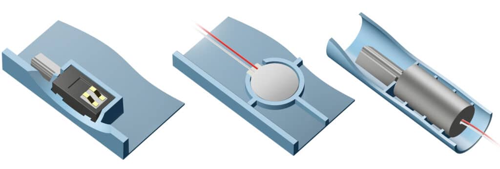 A CAD rendering showing three different types of structural ribs that can be used to secure a vibration motor