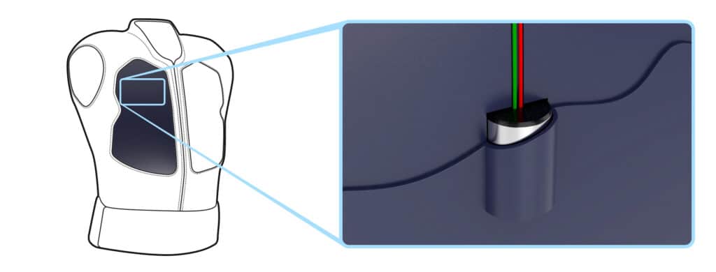 A line drawing of torso with a highlighted area showing where a vibration motor is mounted. On the right is a CAD rending showing the close up of a motor in an injection moulded housing.  