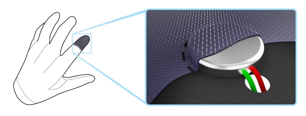 On the left is a line drawing of a glove with the tip of the first figure highlighted. On the right is a CAD rending of a close us showing a coin vibration motor stitched into the fabric.