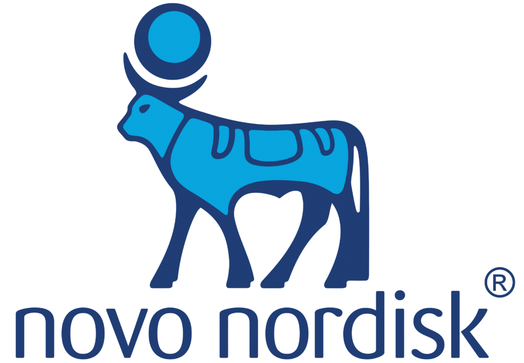 Novo Nordisk logo with the two tone blue Egyptian Apis Bull and blue wordmark centred below it