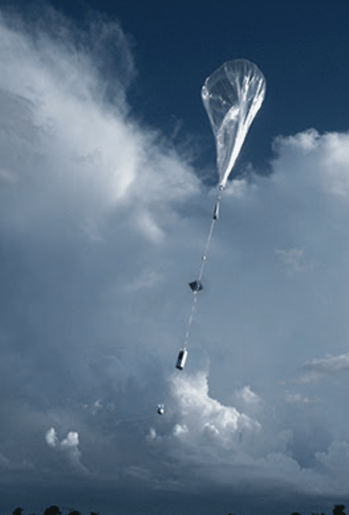 A cloudy sky with a weather balloon transporting a measuring lab to the target atmospheric layer.