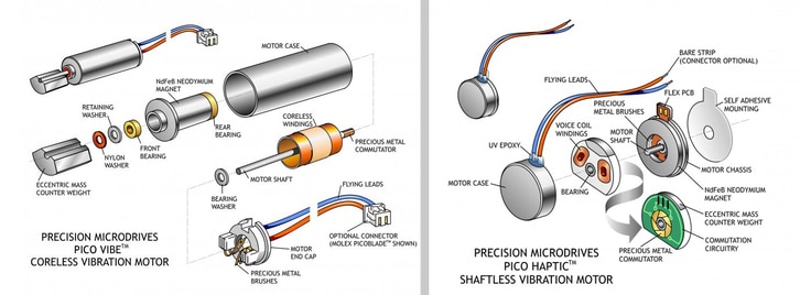 Exploded diagram of a coreless vibration motor on the left and an exploded diagram of a shaftless vibration motor on the right