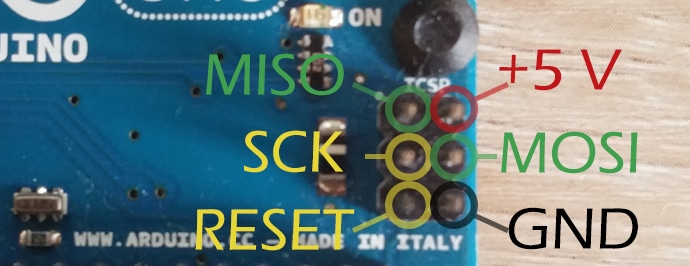 A close up of the Arduino Uno ISCP pin header mapping with the different pins highlighted and labelled