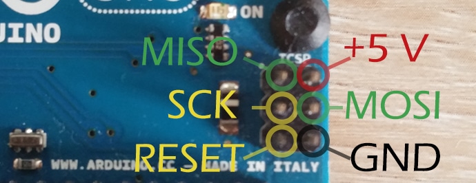 A close up of the Arduino Uno ISCP pin header mapping with the different pins highlighted and labelled 