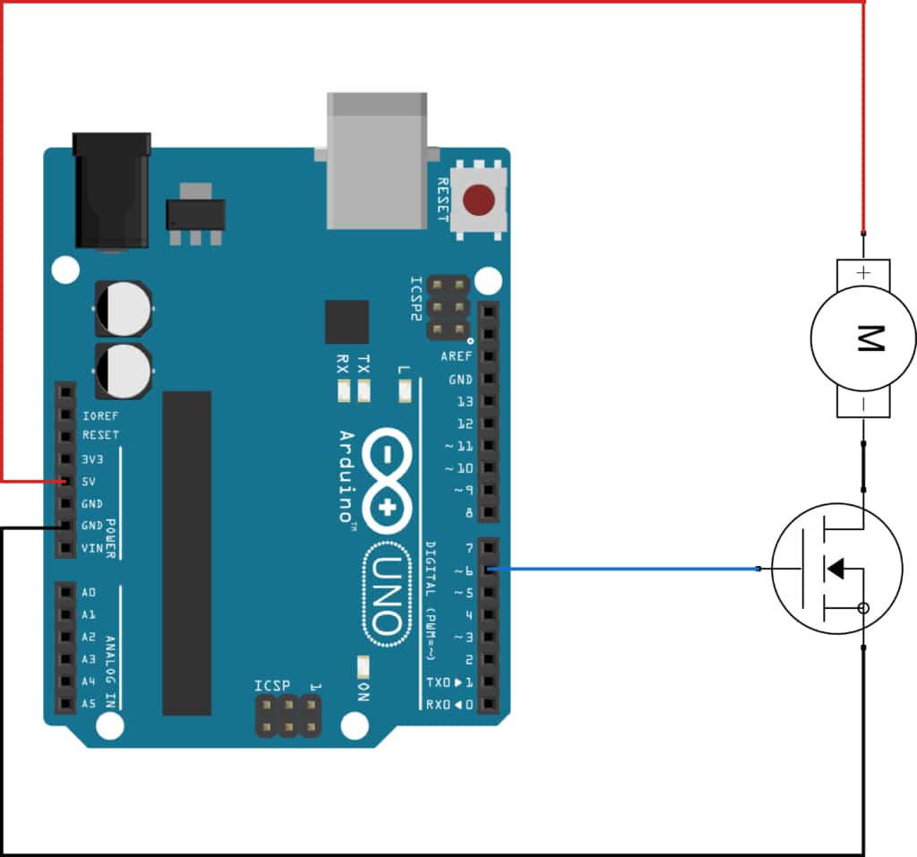 A simple circuit connecting the MOSFET and vibration motor with an Arduino UNO R3