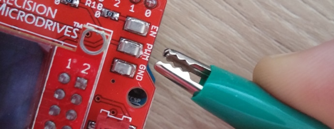 Close up of our haptic feedback evaluation kit with an external PWM connection