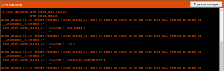 Screenshot of the Arduino 1.6.0 PROGMEM errors