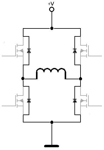 A circuit diagram showing the current path when freewheeling diodes are used for decay.