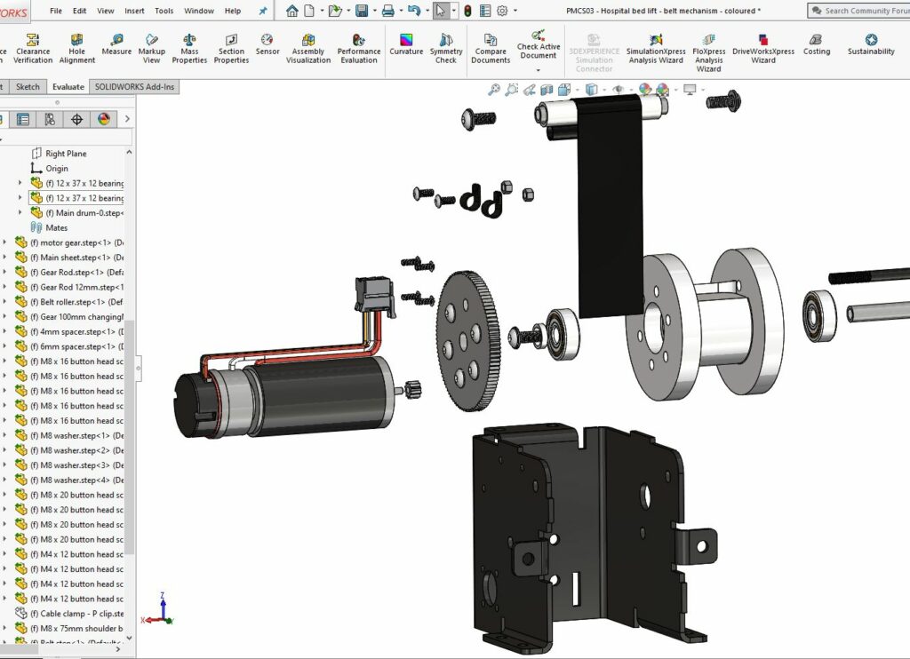 An exploded CAD diagram showing some of the parts needed in the ceiling hoist mechanism