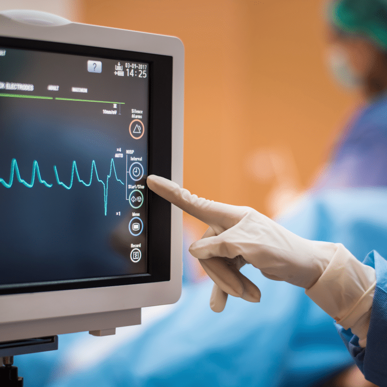 Touchscreen ECG monitor with the hand of a medical professional touching the screen